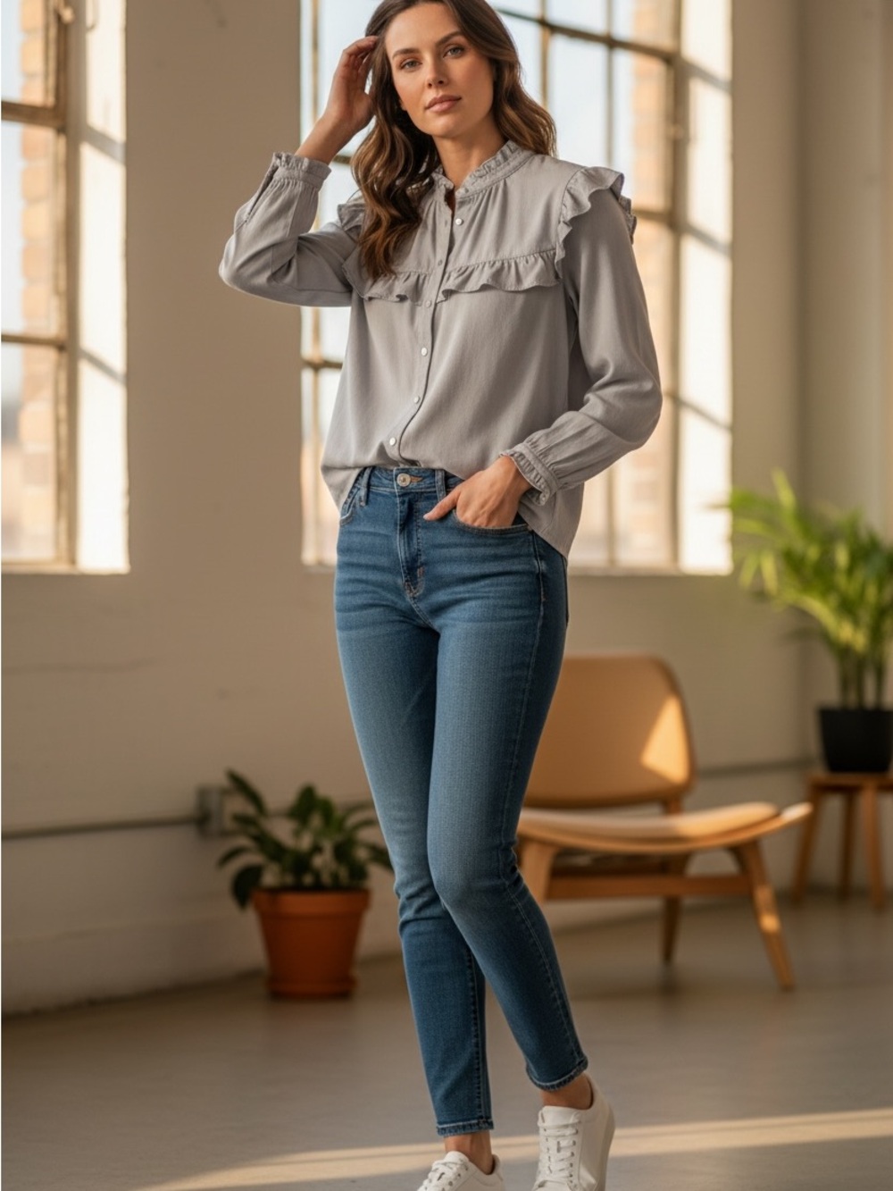 Mazik Lg Gray Ruffle Button-Down Shirt